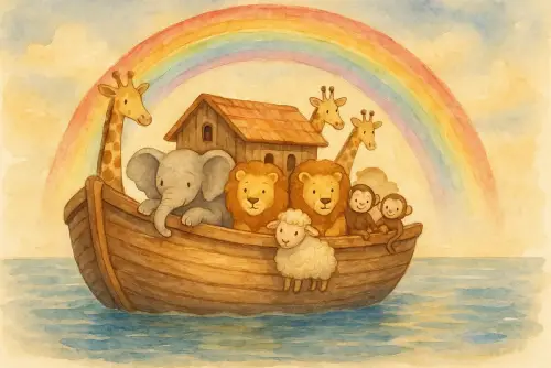 Watercolor illustration of Noah's ark on calm waters with a rainbow, children's storybook style