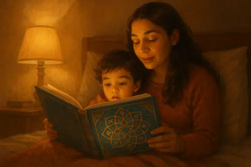Parent reading a beautifully illustrated Islamic storybook to a child at bedtime with soft lamp light
